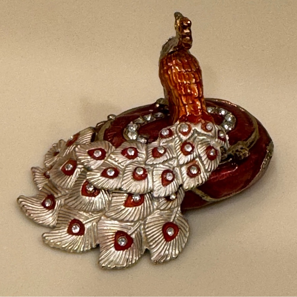 Jeweled Metal and Enamel Peacock Trinket Box With Magnetic Closure - Picture 3 of 11
